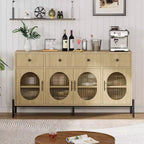 Buffet de rangement, Buffet en bois avec 3 tiroirs et 4 portes vitrées, Meuble de bar à café pour salle à manger, cuisine