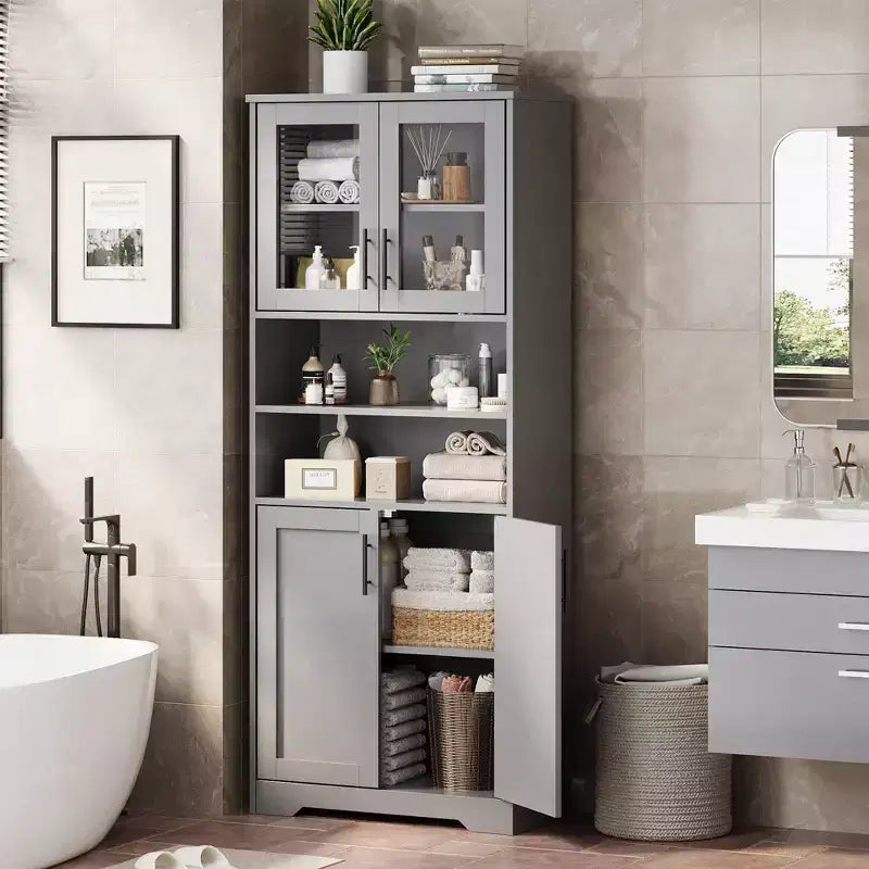 Meuble Colonne de Salle de Bain Haute GustoWave, Meuble de Rangement Autonome pour Salle de Bain avec Portes en Verre et Étagères Réglables, Meuble de Rangement Moderne 67 cm