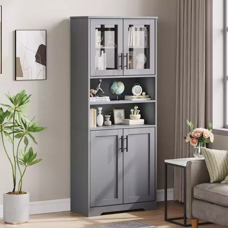 Meuble Colonne de Salle de Bain Haute GustoWave, Meuble de Rangement Autonome pour Salle de Bain avec Portes en Verre et Étagères Réglables, Meuble de Rangement Moderne 67 cm
