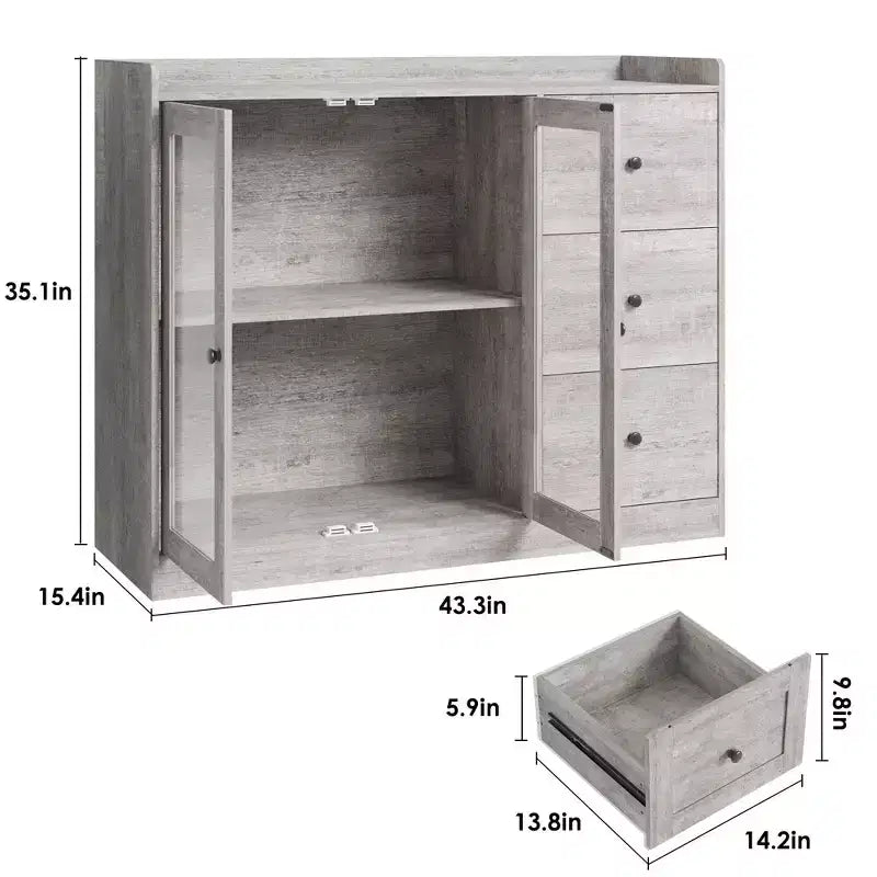 Buffet en pin gris 43 avec tiroirs et étagères réglables, et une conception de garde-corps pour la cuisine, la salle à manger et le salon.
