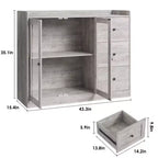 Buffet en pin gris 43 avec tiroirs et étagères réglables, et une conception de garde-corps pour la cuisine, la salle à manger et le salon.