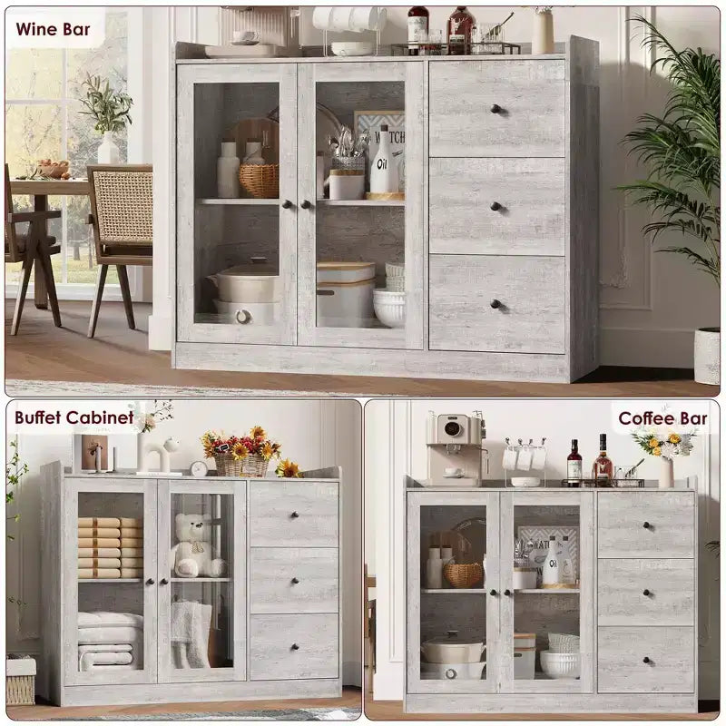 Buffet en pin gris 43 avec tiroirs et étagères réglables, et une conception de garde-corps pour la cuisine, la salle à manger et le salon.