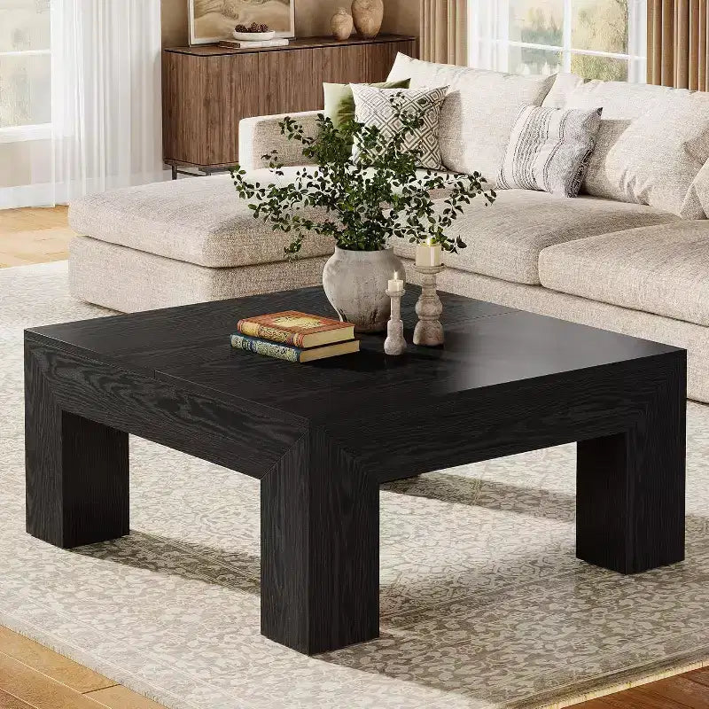 Table basse carrée Lantine de 99 cm pour salon, table basse d'appoint style ferme avec pieds en bois robustes, montage facile