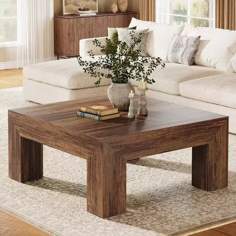 Table basse carrée Lantine de 99 cm pour salon, table basse d'appoint style ferme avec pieds en bois robustes, montage facile