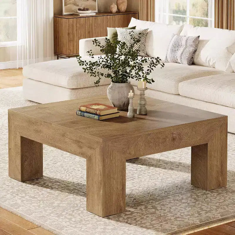Table basse carrée Lantine de 99 cm pour salon, table basse d'appoint style ferme avec pieds en bois robustes, montage facile