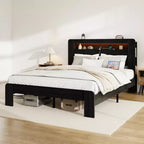 Cadre de lit double/grand lit/très grand lit, plateforme en bois avec tête de lit lumineuse à LED et 2 ports USB, silencieux, pas besoin de sommier, grand espace de rangement sous le lit, noir foncé