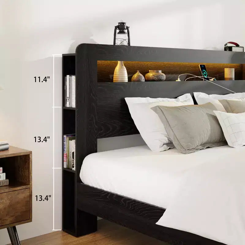 Cadre de lit double/grand lit/très grand lit, plateforme en bois avec tête de lit lumineuse à LED et 2 ports USB, silencieux, pas besoin de sommier, grand espace de rangement sous le lit, noir foncé