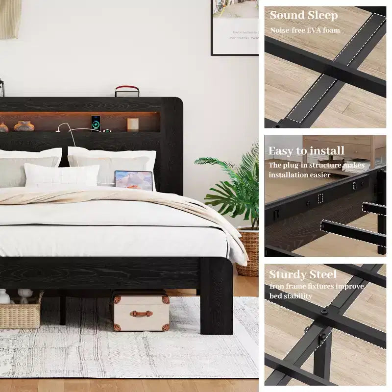 Cadre de lit double/grand lit/très grand lit, plateforme en bois avec tête de lit lumineuse à LED et 2 ports USB, silencieux, pas besoin de sommier, grand espace de rangement sous le lit, noir foncé