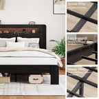 Cadre de lit double/grand lit/très grand lit, plateforme en bois avec tête de lit lumineuse à LED et 2 ports USB, silencieux, pas besoin de sommier, grand espace de rangement sous le lit, noir foncé