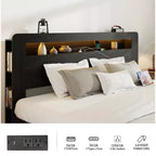 Cadre de lit double/grand lit/très grand lit, plateforme en bois avec tête de lit lumineuse à LED et 2 ports USB, silencieux, pas besoin de sommier, grand espace de rangement sous le lit, noir foncé