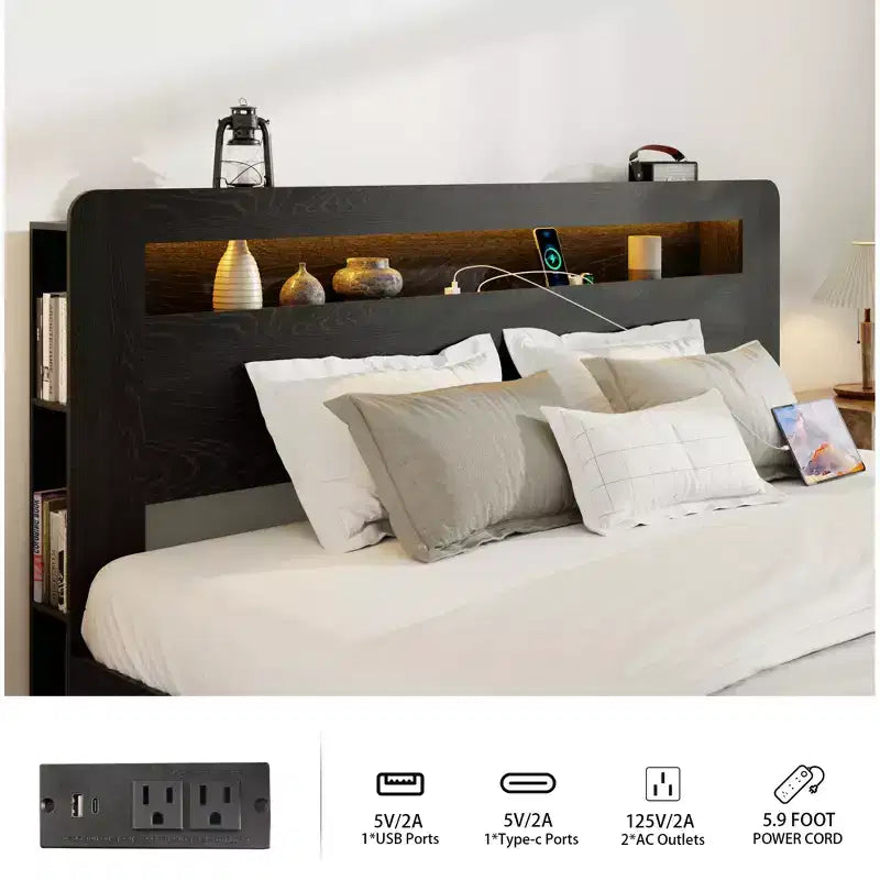 Cadre de lit double/grand lit/très grand lit, plateforme en bois avec tête de lit lumineuse à LED et 2 ports USB, silencieux, pas besoin de sommier, grand espace de rangement sous le lit, noir foncé