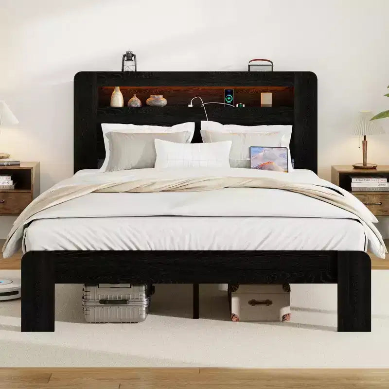 Cadre de lit double/grand lit/très grand lit, plateforme en bois avec tête de lit lumineuse à LED et 2 ports USB, silencieux, pas besoin de sommier, grand espace de rangement sous le lit, noir foncé