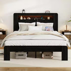 Cadre de lit double/grand lit/très grand lit, plateforme en bois avec tête de lit lumineuse à LED et 2 ports USB, silencieux, pas besoin de sommier, grand espace de rangement sous le lit, noir foncé