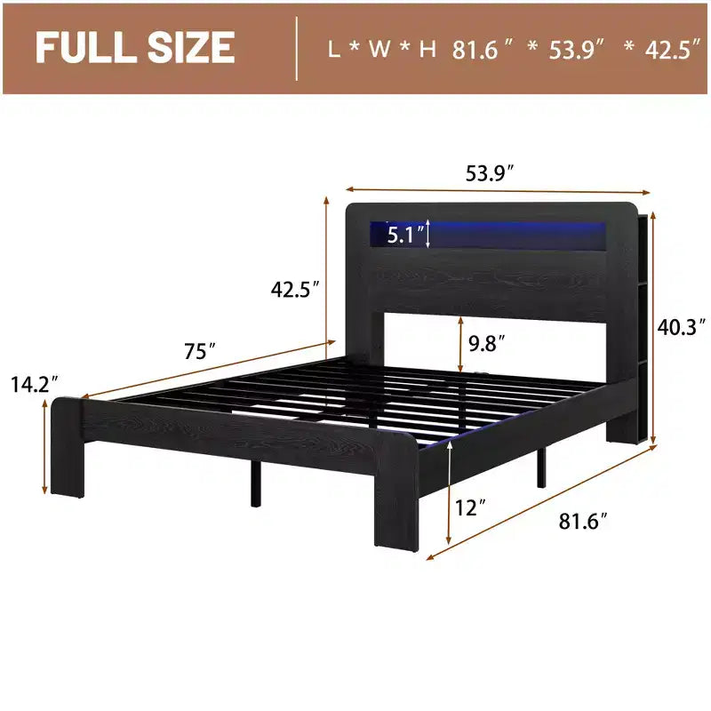 Cadre de lit double/grand lit/très grand lit, plateforme en bois avec tête de lit lumineuse à LED et 2 ports USB, silencieux, pas besoin de sommier, grand espace de rangement sous le lit, noir foncé
