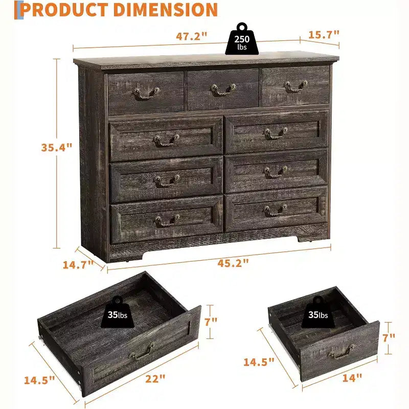 Commode de ferme à 9 tiroirs pour chambre à coucher - Commode en bois rustique vintage pour vêtements et accessoires, organisateur polyvalent pour chambre à coucher, salon et couloir