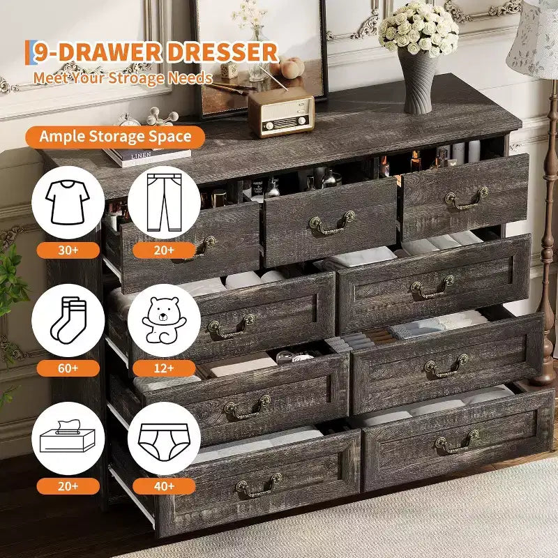 Commode de ferme à 9 tiroirs pour chambre à coucher - Commode en bois rustique vintage pour vêtements et accessoires, organisateur polyvalent pour chambre à coucher, salon et couloir