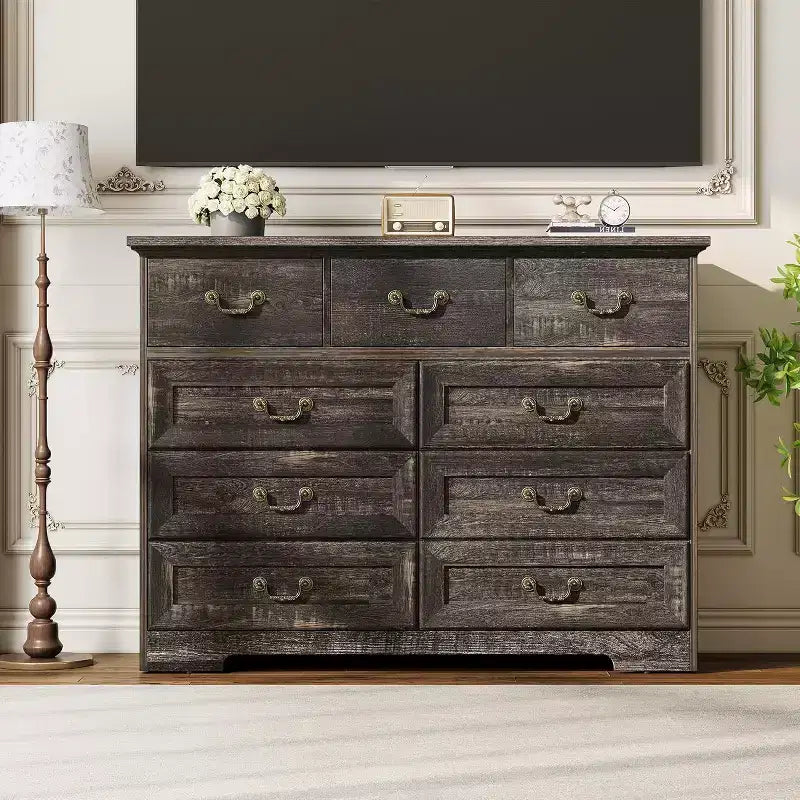 Commode de ferme à 9 tiroirs pour chambre à coucher - Commode en bois rustique vintage pour vêtements et accessoires, organisateur polyvalent pour chambre à coucher, salon et couloir
