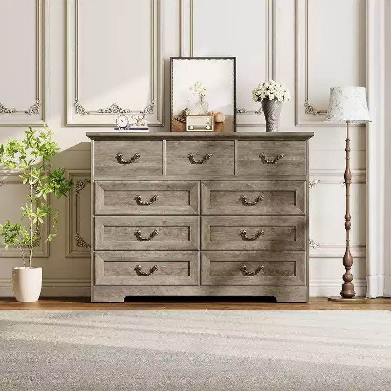 Commode de ferme à 9 tiroirs pour chambre à coucher - Commode en bois rustique vintage pour vêtements et accessoires, organisateur polyvalent pour chambre à coucher, salon et couloir