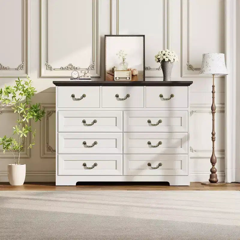 Commode de ferme à 9 tiroirs pour chambre à coucher - Commode en bois rustique vintage pour vêtements et accessoires, organisateur polyvalent pour chambre à coucher, salon et couloir