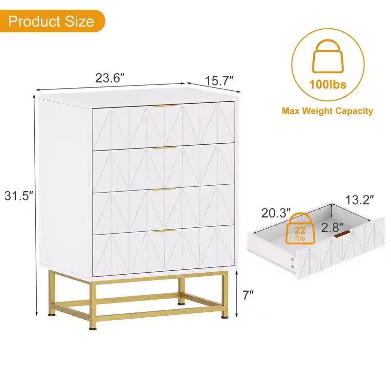 Commode 4 Tiroirs Coolmee, Commode Moderne à Tiroirs, Organiseur à Tiroirs avec Pieds en Métal, Armoire de Rangement pour Chambre, Salon, Couloir, Placard