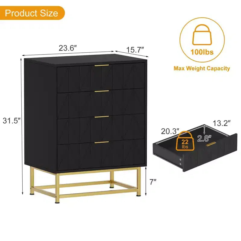 Commode 4 Tiroirs Coolmee, Commode Moderne à Tiroirs, Organiseur à Tiroirs avec Pieds en Métal, Armoire de Rangement pour Chambre, Salon, Couloir, Placard