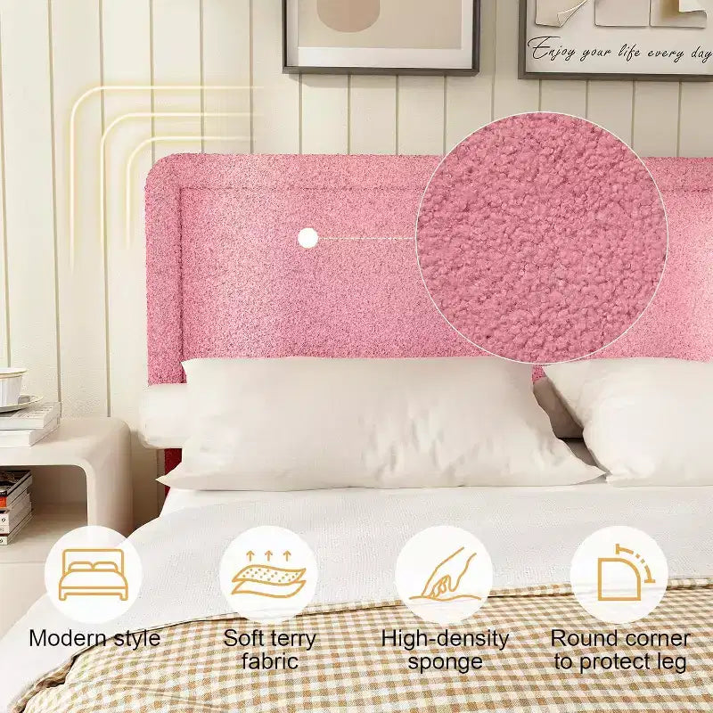 Dyonery Cadre de lit Bouclé, Cadre de lit en tissu Teddy rembourré noir avec tête de lit, Pas besoin de sommier tapissier, Tête de lit réglable, Montage facile