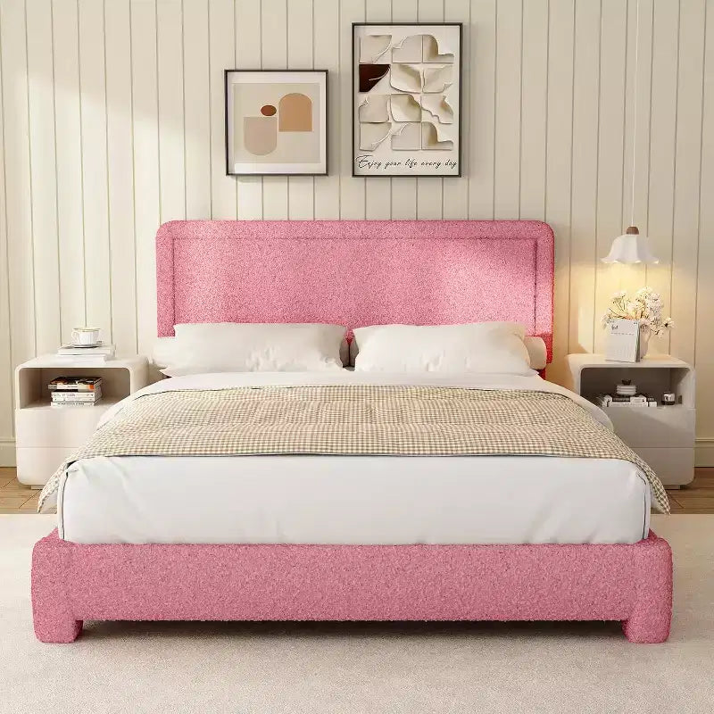 Dyonery Cadre de lit Bouclé, Cadre de lit en tissu Teddy rembourré noir avec tête de lit, Pas besoin de sommier tapissier, Tête de lit réglable, Montage facile