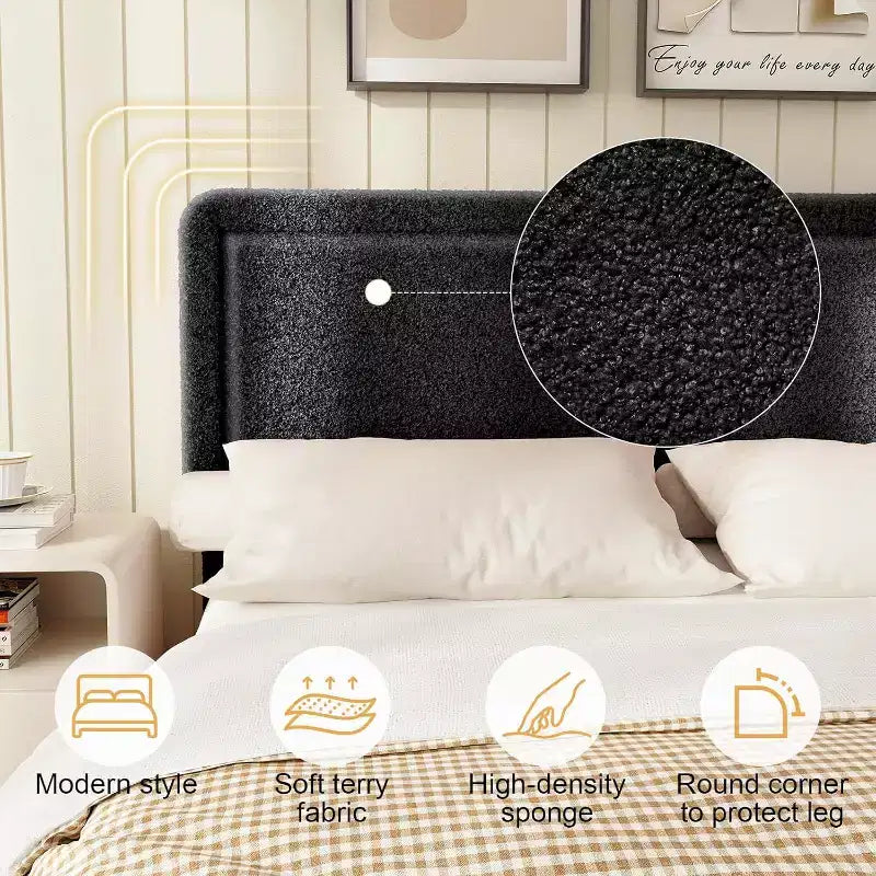 Dyonery Cadre de lit Bouclé, Cadre de lit en tissu Teddy rembourré noir avec tête de lit, Pas besoin de sommier tapissier, Tête de lit réglable, Montage facile