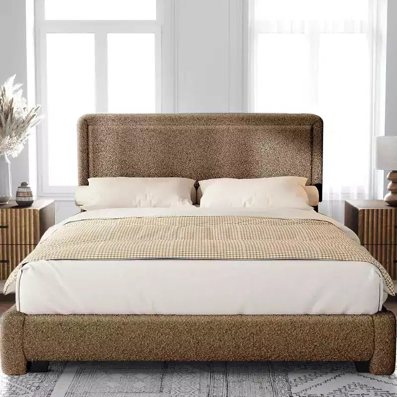 Dyonery Cadre de lit Bouclé, Cadre de lit en tissu Teddy rembourré noir avec tête de lit, Pas besoin de sommier tapissier, Tête de lit réglable, Montage facile