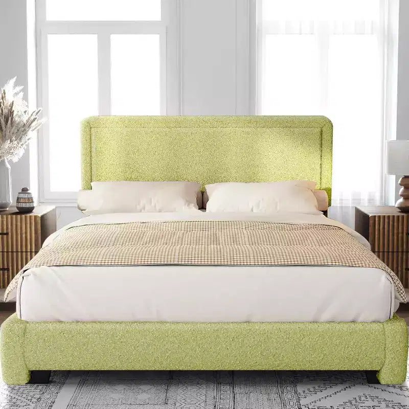 Dyonery Cadre de lit Bouclé, Cadre de lit en tissu Teddy rembourré noir avec tête de lit, Pas besoin de sommier tapissier, Tête de lit réglable, Montage facile