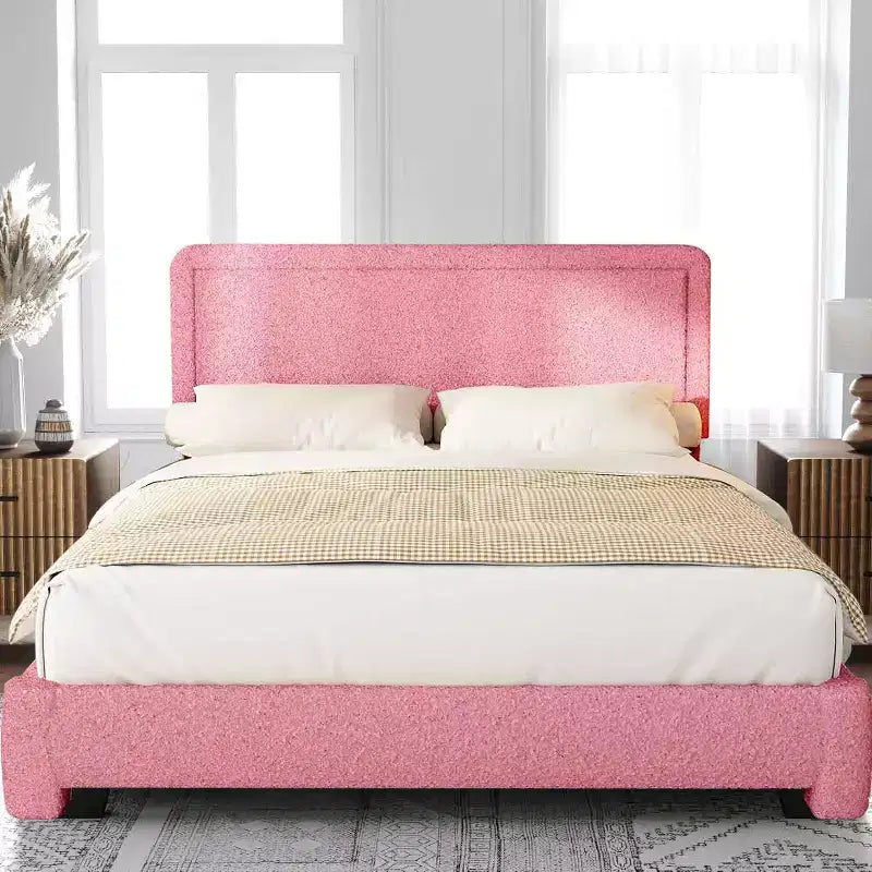 Dyonery Cadre de lit Bouclé, Cadre de lit en tissu Teddy rembourré noir avec tête de lit, Pas besoin de sommier tapissier, Tête de lit réglable, Montage facile