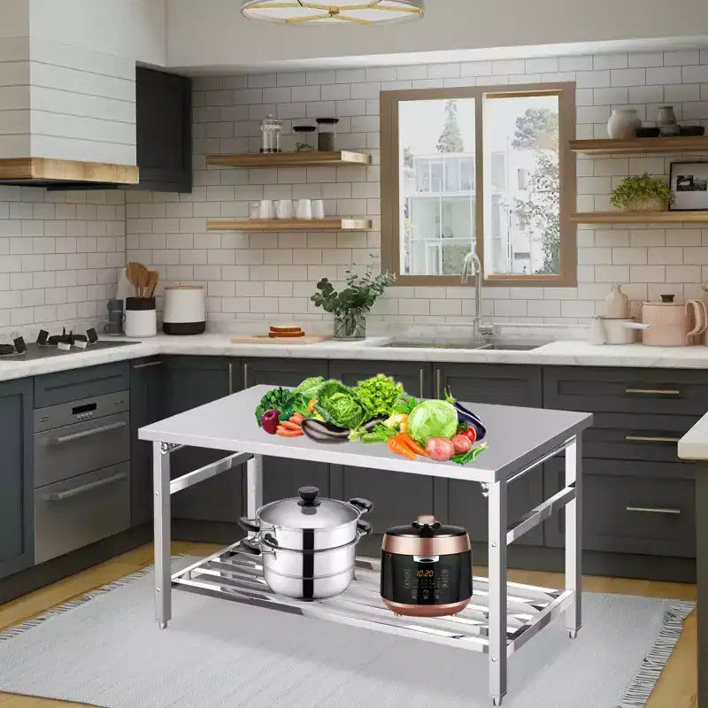Table de travail en acier inoxydable pour cuisine commerciale - Table de préparation pliable avec étagère réglable, Établi en métal de qualité alimentaire pour restaurant, maison