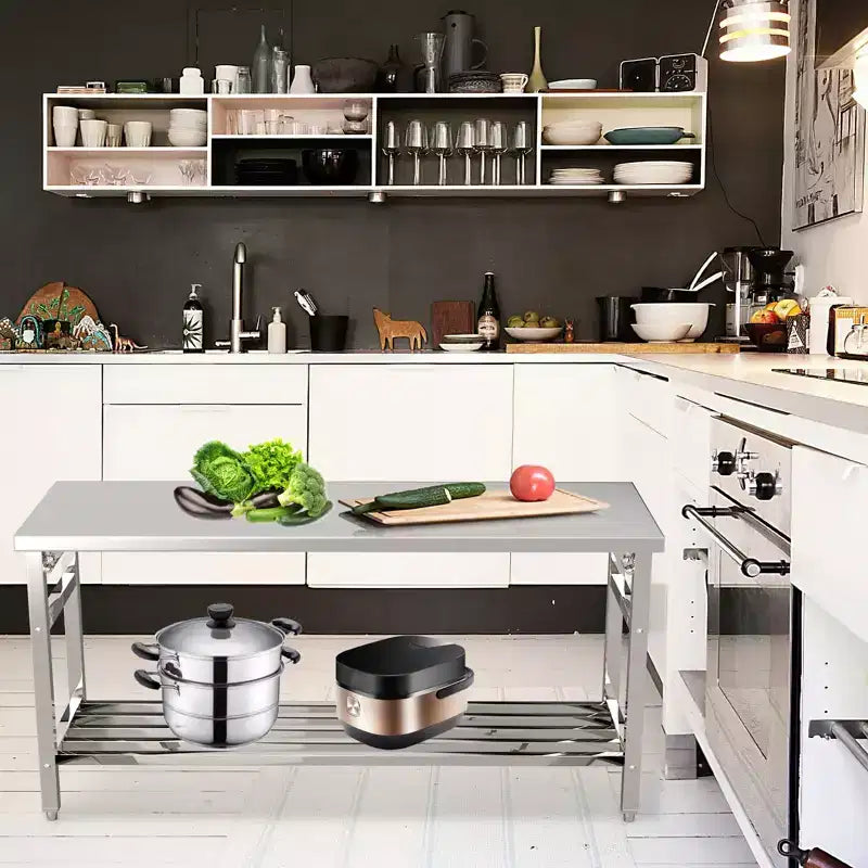 Table de travail en acier inoxydable pour cuisine commerciale - Table de préparation pliable avec étagère réglable, Établi en métal de qualité alimentaire pour restaurant, maison