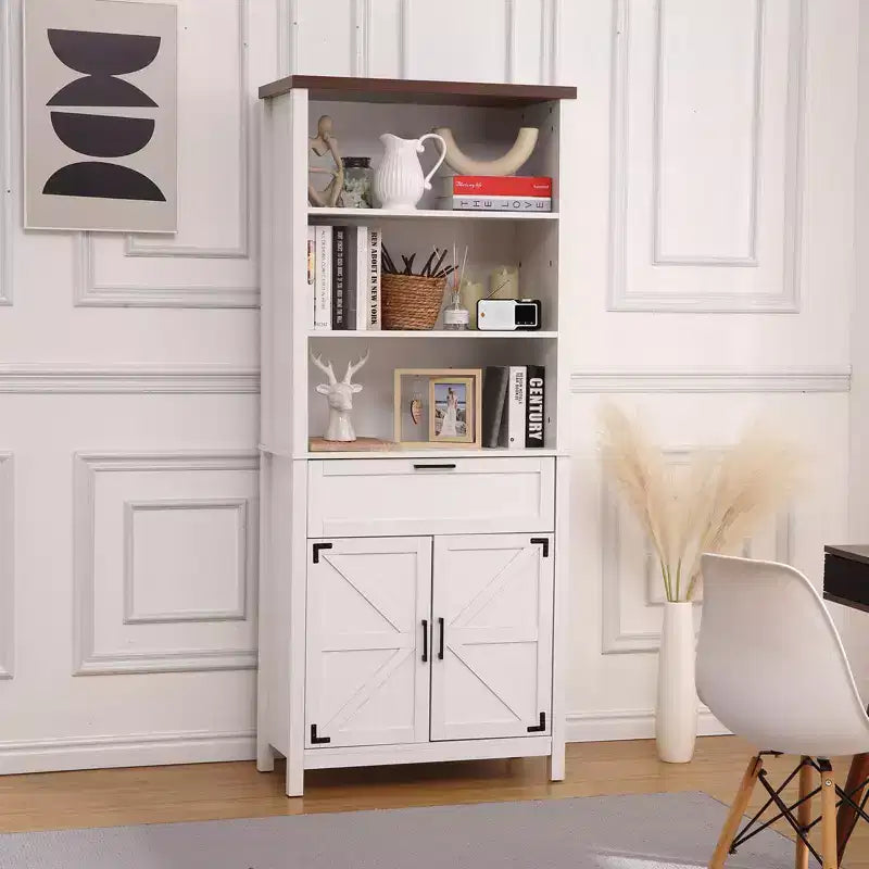 COZONY Grande bibliothèque de ferme de 183 cm à 6 niveaux avec portes, armoire et tiroir – Bibliothèque en bois avec étagère réglable pour salon, cuisine et chambre à coucher