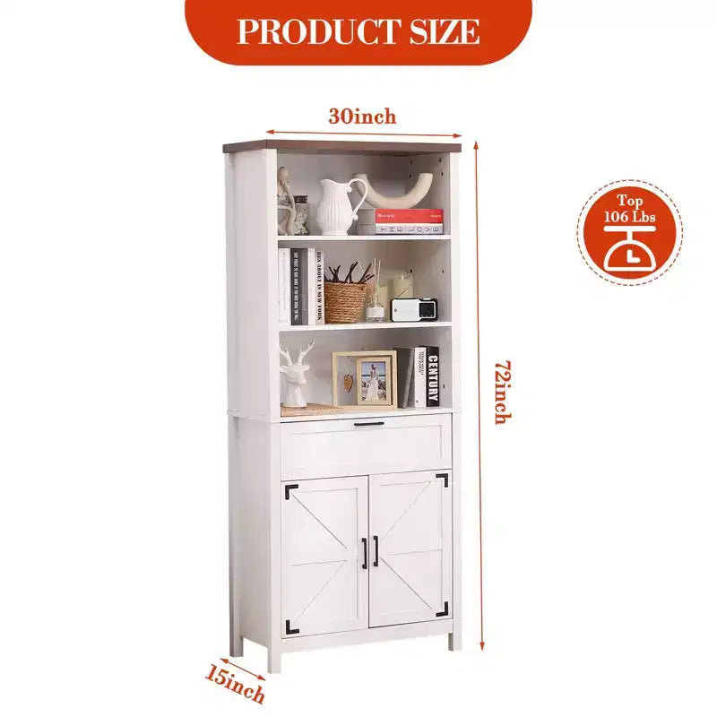 COZONY Grande bibliothèque de ferme de 183 cm à 6 niveaux avec portes, armoire et tiroir – Bibliothèque en bois avec étagère réglable pour salon, cuisine et chambre à coucher