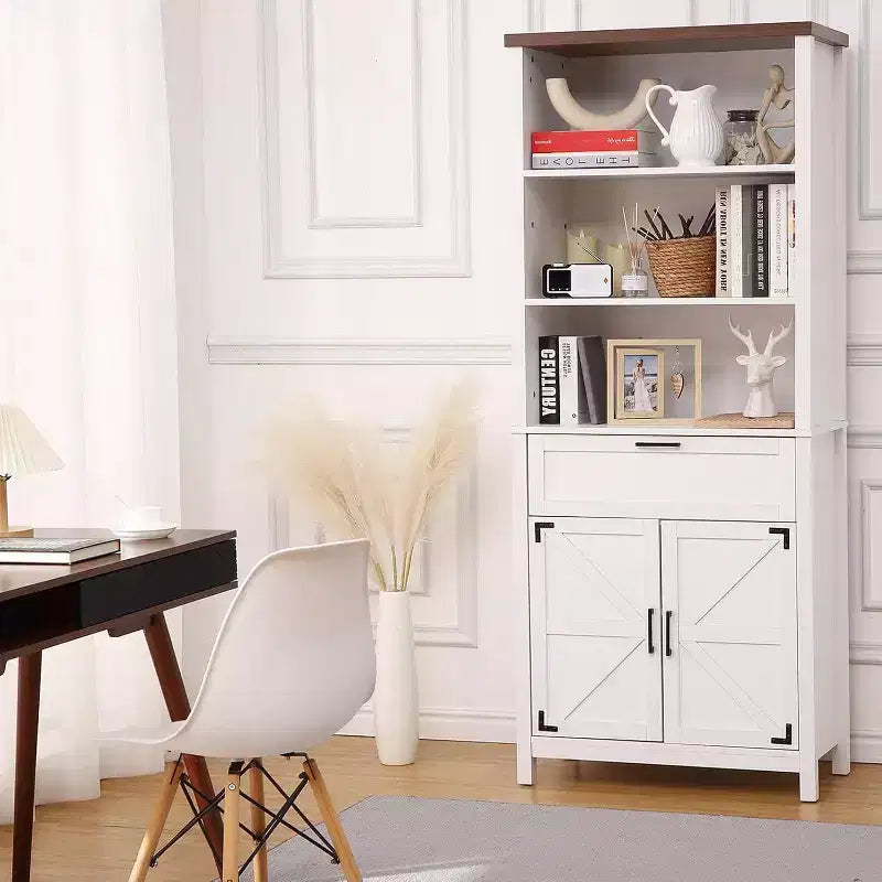 COZONY Grande bibliothèque de ferme de 183 cm à 6 niveaux avec portes, armoire et tiroir – Bibliothèque en bois avec étagère réglable pour salon, cuisine et chambre à coucher
