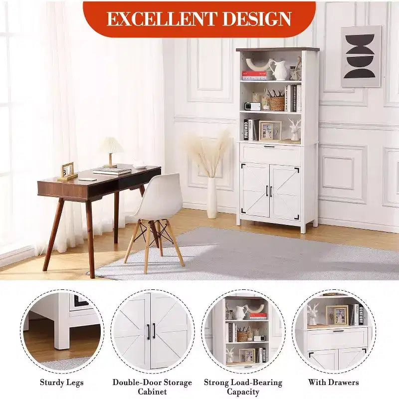 COZONY Grande bibliothèque de ferme de 183 cm à 6 niveaux avec portes, armoire et tiroir – Bibliothèque en bois avec étagère réglable pour salon, cuisine et chambre à coucher