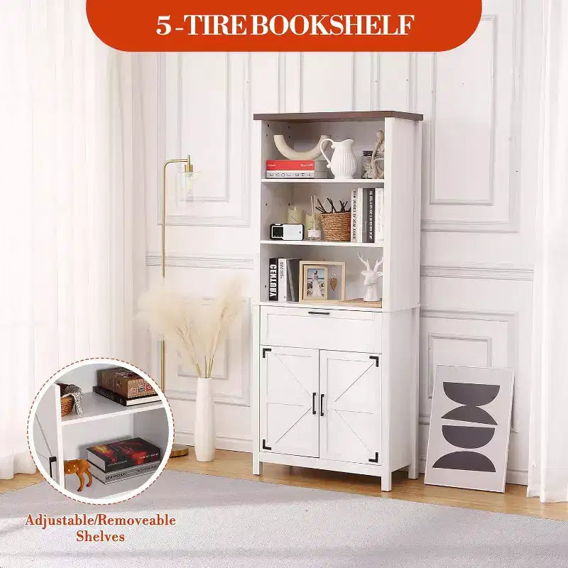 COZONY Grande bibliothèque de ferme de 183 cm à 6 niveaux avec portes, armoire et tiroir – Bibliothèque en bois avec étagère réglable pour salon, cuisine et chambre à coucher
