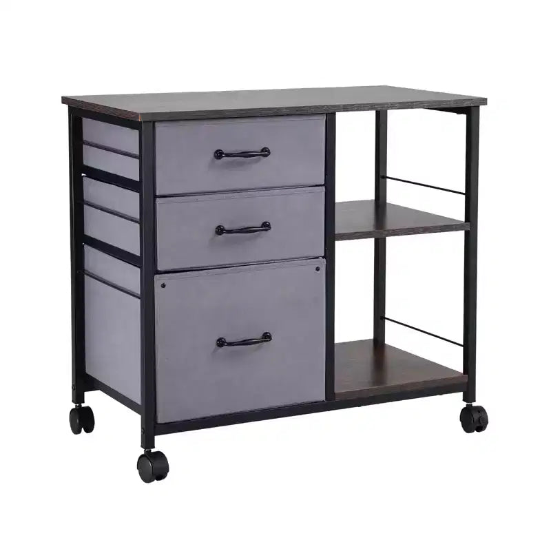 VEVOR Metal File Cabinet, Mobile Filing Cabinet with 3 Fabric Drawers and 2 Open Shelves, Wooden Vertical Filing Storage Cabinets with Wheels, Brown