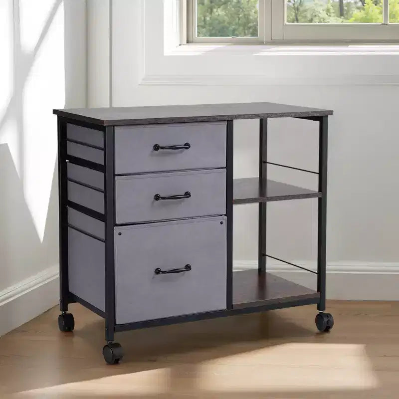 Meuble de classement métallique VEVOR, classeur mobile avec 3 tiroirs en tissu et 2 étagères ouvertes, armoire de rangement verticale en bois avec roulettes, marron