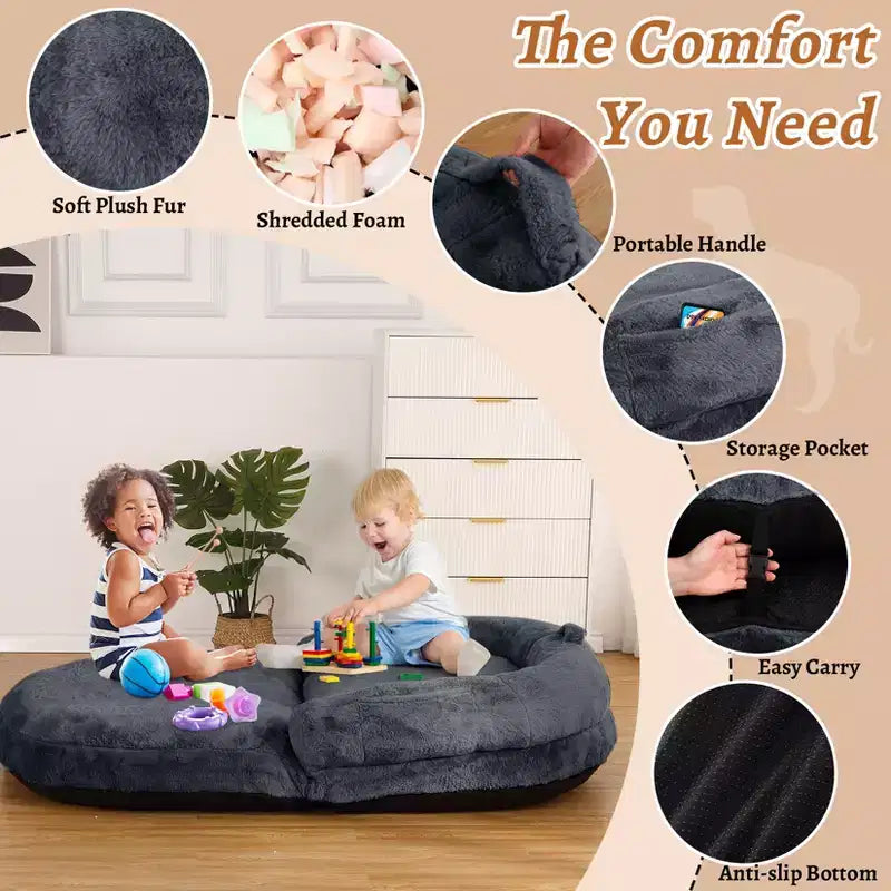 Lit pour chien de taille humaine pour adultes, lit pour chien pliable pour humains, lit géant pour chien de 180 x 110 x 25 cm avec housse amovible, lit pour chien lavable en fausse fourrure pour la sieste