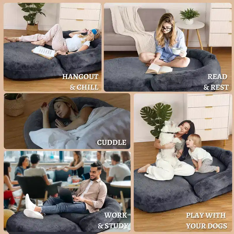 Lit pour chien de taille humaine pour adultes, lit pour chien pliable pour humains, lit géant pour chien de 180 x 110 x 25 cm avec housse amovible, lit pour chien lavable en fausse fourrure pour la sieste