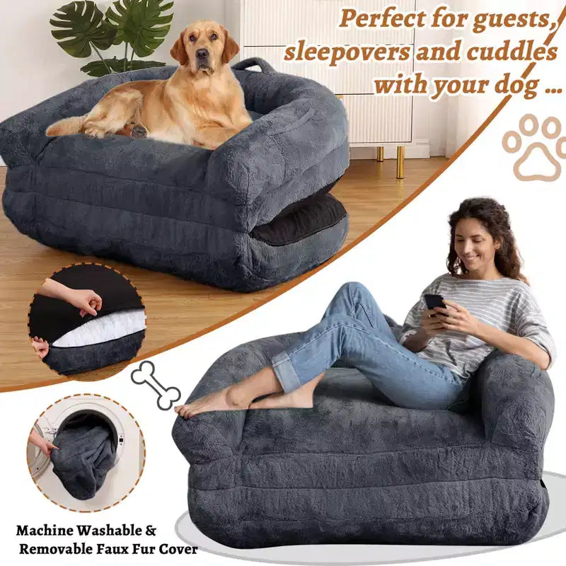 Lit pour chien de taille humaine pour adultes, lit pour chien pliable pour humains, lit géant pour chien de 180 x 110 x 25 cm avec housse amovible, lit pour chien lavable en fausse fourrure pour la sieste