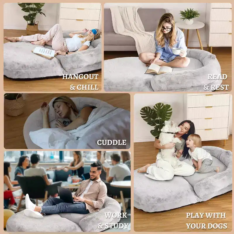 Lit pour chien de taille humaine pour adultes, lit pour chien pliable pour humains, lit géant pour chien de 180 x 110 x 25 cm avec housse amovible, lit pour chien lavable en fausse fourrure pour la sieste