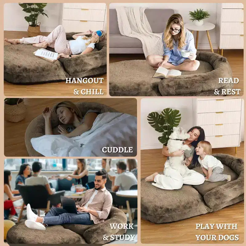 Lit pour chien de taille humaine pour adultes, lit pour chien pliable pour humains, lit géant pour chien de 180 x 110 x 25 cm avec housse amovible, lit pour chien lavable en fausse fourrure pour la sieste