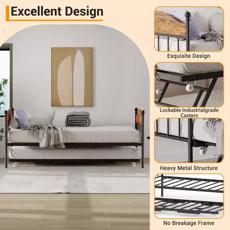 Lit de repos avec lit gigogne, lit de repos double en métal, cadre de lit de repos avec lit gigogne pliable, plateforme à lattes en acier robuste pour salon, chambre à coucher