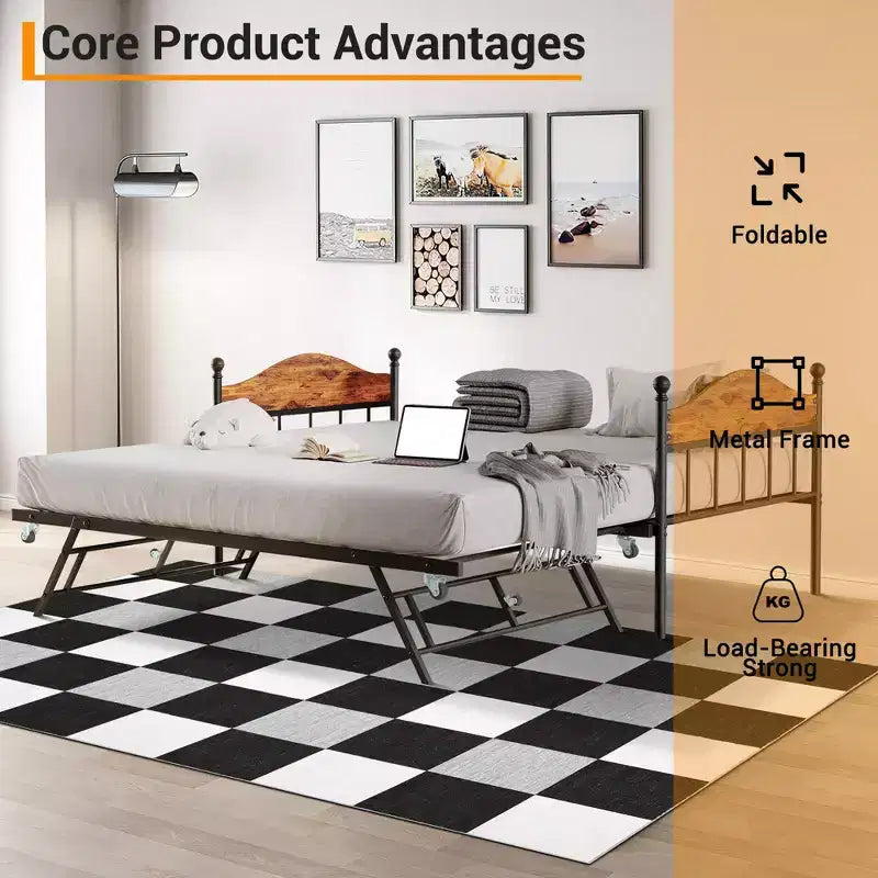 Lit de repos avec lit gigogne, lit de repos double en métal, cadre de lit de repos avec lit gigogne pliable, plateforme à lattes en acier robuste pour salon, chambre à coucher