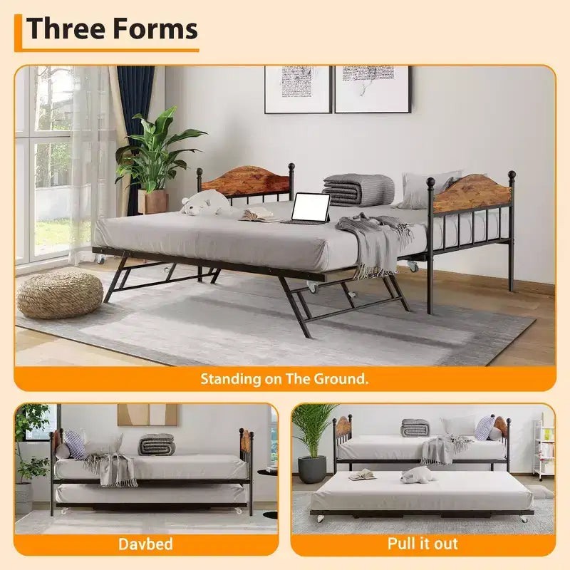 Lit de repos avec lit gigogne, lit de repos double en métal, cadre de lit de repos avec lit gigogne pliable, plateforme à lattes en acier robuste pour salon, chambre à coucher
