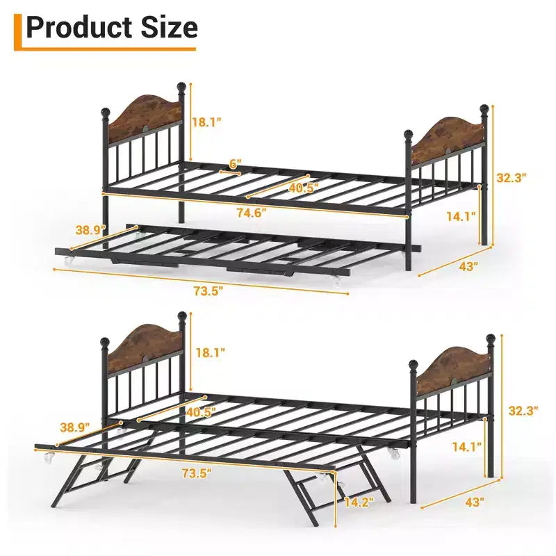 Lit de repos avec lit gigogne, lit de repos double en métal, cadre de lit de repos avec lit gigogne pliable, plateforme à lattes en acier robuste pour salon, chambre à coucher