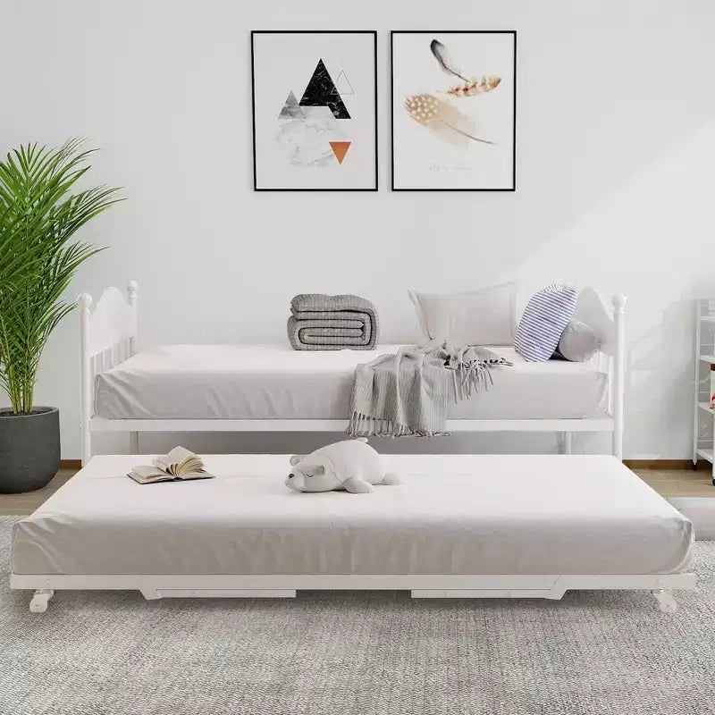 Lit de repos avec lit gigogne, lit de repos double en métal, cadre de lit de repos avec lit gigogne pliable, plateforme à lattes en acier robuste pour salon, chambre à coucher